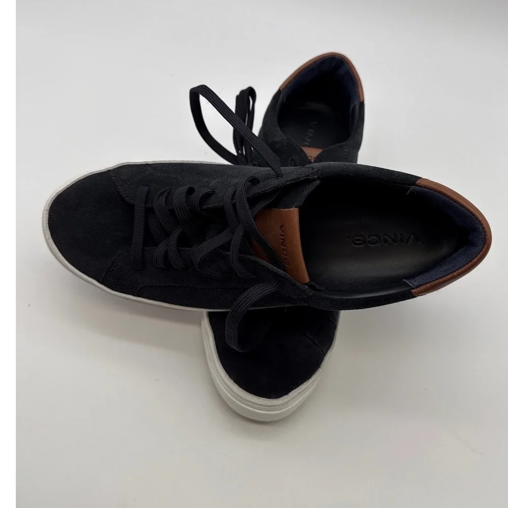 Vince Mens Suede Low Top Sneakers Navy Blue Brown Leather Trim Lace Up Shoes